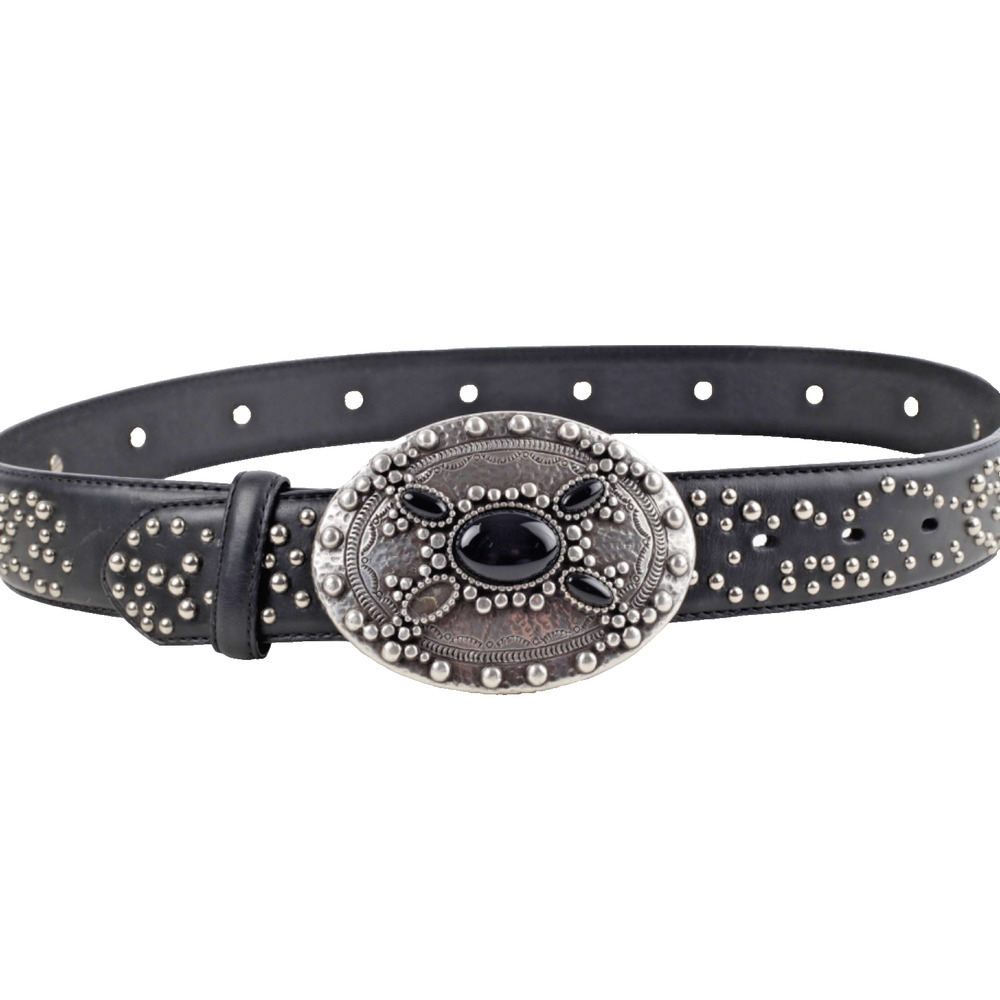 Vintage Black Leather Studded Western Big Buckle Adjustable Womens Waist Belt 36